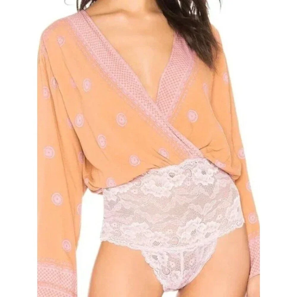 Free People On Board Boho V Neck Bodysuit Size XS